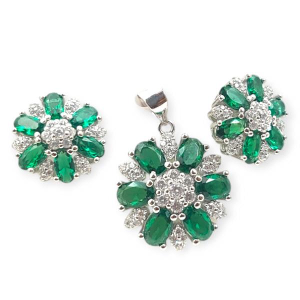 925 Sterling Silver Pendant Set with Beautiful Flower Shape And Design with Green and White Stones